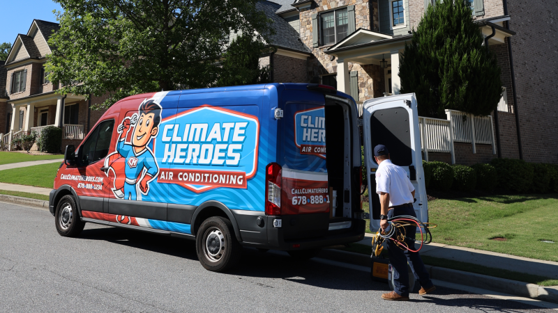 Climate Heroes HVAC technician carrying diagnostic gauges from a branded service van in a customer's driveway